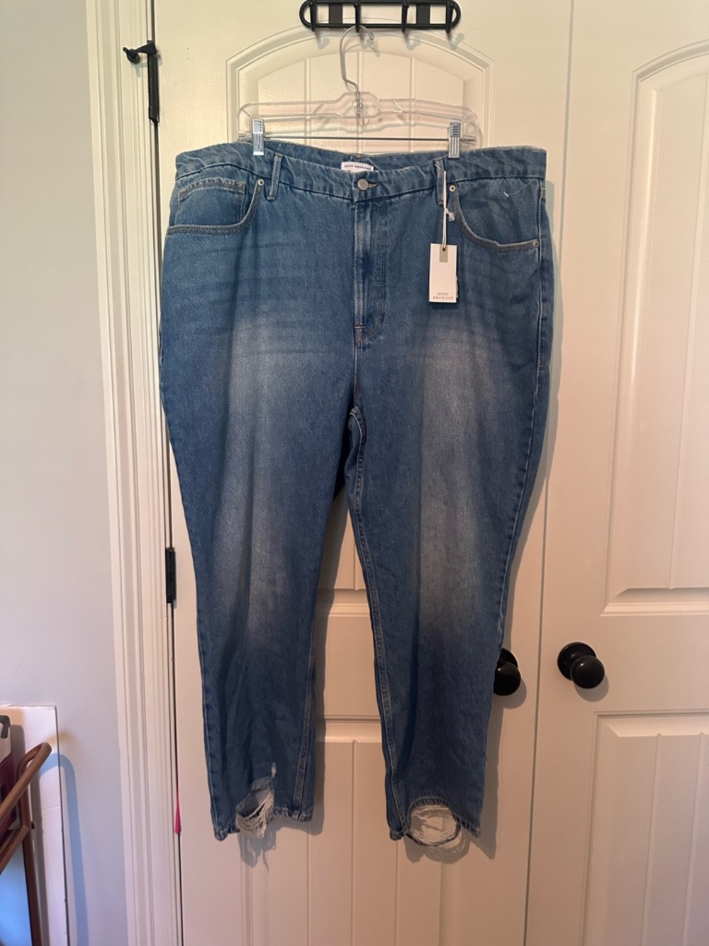Good American Mid-Blue Straight Leg Distressed Jeans